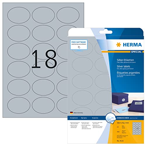 HERMA 4116 Wetterfeste Folienetiketten oval silber, 25 Blatt, 58,4 x 42,3 mm, 18 pro A4 Bogen, 450 Stück, selbstklebend, bedruckbar, glänzend, blanko Klebeetiketten Aufkleber aus Folie von HERMA