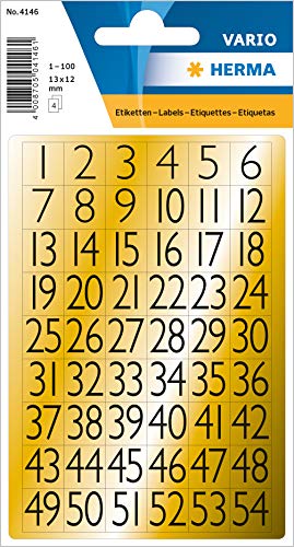HERMA 4146 Zahlen Aufkleber gold 1-100, 216 Stück, 13 x 12 mm, selbstklebend, klein, Nummer Ziffer Klebezahlen Sticker Hausnummern aus Folie zum Aufkleben, schwarz von HERMA
