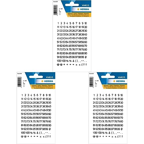 HERMA 4155 Zahlen Aufkleber 0-9, wetterfest (Schriftgröße 5 mm, 2 Blatt, Folie) selbstklebend, permanent haftende Nummern Sticker, 250 Etiketten, transparent/schwarz (Packung mit 3) von HERMA