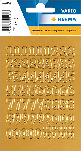 HERMA 4184 Zahlen Aufkleber gold 0-9, 63 Stück, Schriftgröße 12 mm, selbstklebend, klein, Nummer Ziffer Klebezahlen Sticker Hausnummern aus Folie zum Aufkleben von HERMA