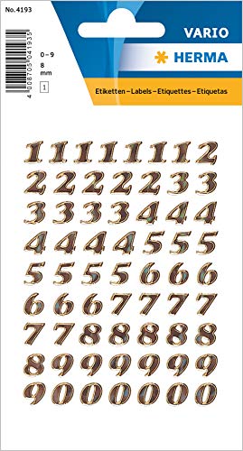 HERMA 4193 Zahlen Aufkleber gold 0-9, 64 Stück, Schriftgröße 8 mm, selbstklebend, klein, Nummer Ziffer Klebezahlen Sticker Hausnummern aus Glitzer-Folie zum Aufkleben von HERMA