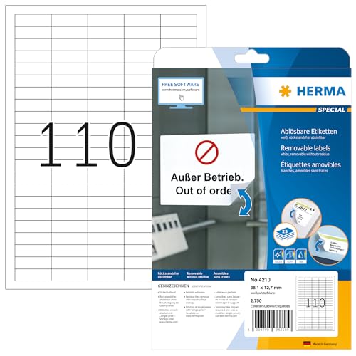 HERMA 4210 Universal Etiketten ablösbar, 800 Blatt, 38,1 x 12,7 mm, 110 pro A4 Bogen, 88000 Stück, selbstklebend, bedruckbar, matt, blanko Papier Klebeetiketten Aufkleber, weiß HERMA 4210 Universal Etiketten ablösbar, 800 Blatt, 38,1 x 12,7 mm, 110 pro A4 Bogen, 88000 Stück, selbstklebend, bedruckbar, matt, blanko Papier Klebeetiketten Aufkleber, weiß von HERMA