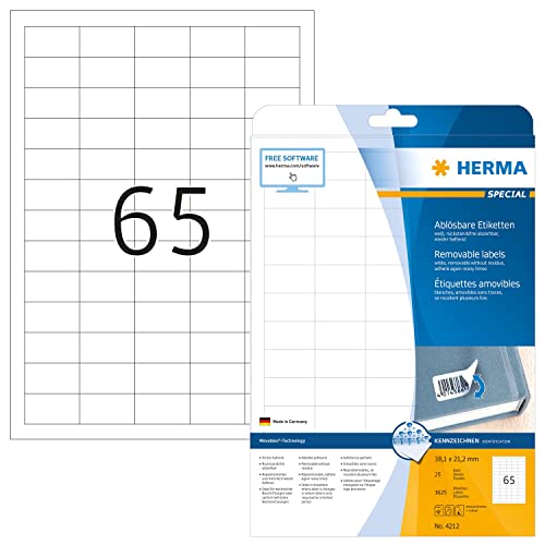 HERMA 4212 Universal Etiketten ablösbar, 25 Blatt, 38,1 x 21,2 mm, 65 pro A4 Bogen, 1625 Stück, selbstklebend, bedruckbar, matt, blanko Papier Klebeetiketten Aufkleber, weiß von HERMA