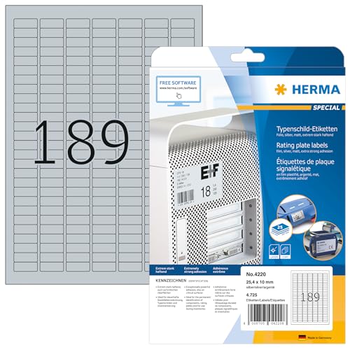 HERMA 4220 Typenschild Folien-Etiketten silber, 25 Blatt, 25 x 10 mm, 189 pro A4 Bogen, 4725 Stück, selbstklebend, bedruckbar, wetterfest, blanko Klebeetiketten Aufkleber aus Folie HERMA 4220 Typenschild Folien-Etiketten silber, 25 Blatt, 25 x 10 mm, 189 pro A4 Bogen, 4725 Stück, selbstklebend, bedruckbar, wetterfest, blanko Klebeetiketten Aufkleber aus Folie von HERMA
