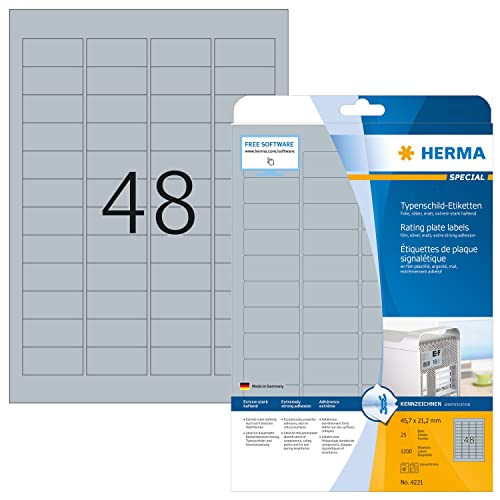 HERMA 4221 Typenschild Folien-Etiketten silber, 25 Blatt, 45,7 x 21,2 mm, 48 pro A4 Bogen, 1200 Stück, selbstklebend, bedruckbar, wetterfest, blanko Klebeetiketten Aufkleber aus Folie von HERMA