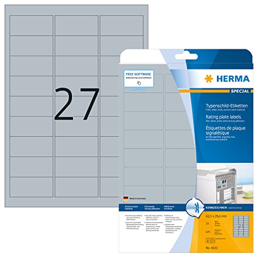 HERMA 4222 Typenschild Folien-Etiketten silber, 25 Blatt, 63,5 x 29,6 mm, 27 pro A4 Bogen, 675 Stück, selbstklebend, bedruckbar, wetterfest, blanko Klebeetiketten Aufkleber aus Folie von HERMA