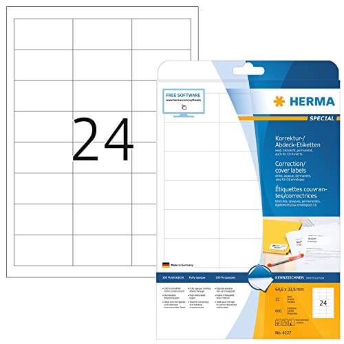 HERMA 4227 Korrekturetiketten blickdicht, 25 Blatt, 64,6 x 33,8 mm, 24 pro A4 Bogen, 600 Stück, selbstklebend, bedruckbar, matt, blanko Papier Abdeckaufkleber Etiketten, weiß von HERMA