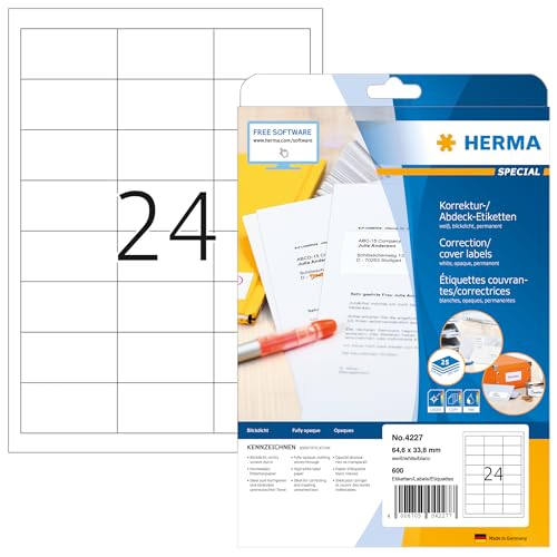 HERMA 4227 Korrekturetiketten blickdicht, 800 Blatt, 64,6 x 33,8 mm, 24 pro A4 Bogen, 19200 Stück, selbstklebend, bedruckbar, matt, blanko Papier Abdeckaufkleber Etiketten, weiß HERMA 4227 Korrekturetiketten blickdicht, 800 Blatt, 64,6 x 33,8 mm, 24 pro A4 Bogen, 19200 Stück, selbstklebend, bedruckbar, matt, blanko Papier Abdeckaufkleber Etiketten, weiß von HERMA