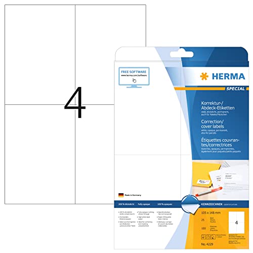 HERMA 4229 Korrekturetiketten blickdicht, 25 Blatt, 105 x 148 mm, 4 pro A4 Bogen, 100 Stück, selbstklebend, bedruckbar, matt, blanko Papier Abdeckaufkleber Etiketten, weiß von HERMA