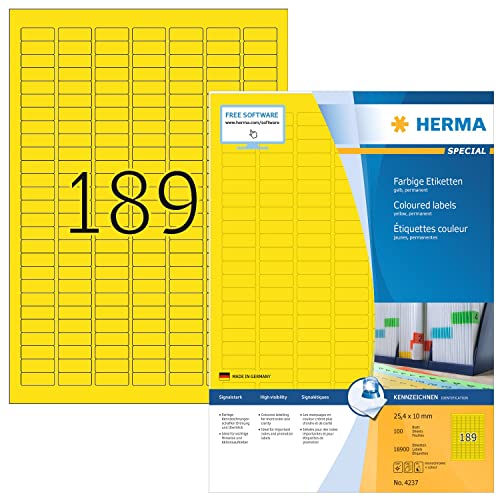 HERMA 4237 Farbige Etiketten gelb, 1400 Blatt, 25,4 x 10 mm, 189 pro A4 Bogen, 264600 Stück, selbstklebend, bedruckbar, matt, blanko Papier Farbetiketten Aufkleber von HERMA