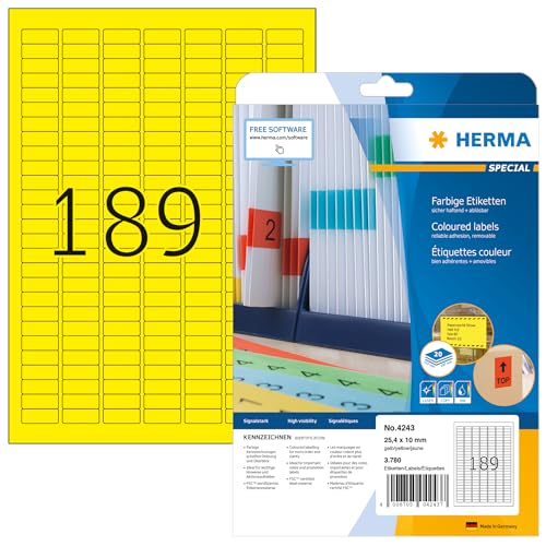 HERMA 4243 Farbige Etiketten gelb ablösbar, 20 Blatt, 25,4 x 10 mm, 189 pro A4 Bogen, 3780 Stück, selbstklebend, bedruckbar, matt, blanko Papier Farbetiketten Aufkleber von HERMA