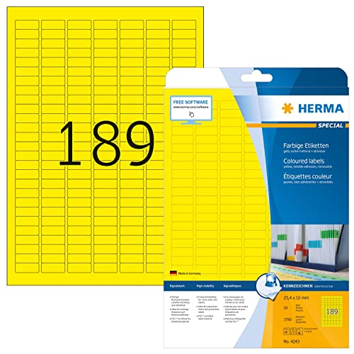 HERMA 4243 Farbige Etiketten gelb ablösbar, 20 Blatt, 25,4 x 10 mm, 189 pro A4 Bogen, 3780 Stück, selbstklebend, bedruckbar, matt, blanko Papier Farbetiketten Aufkleber von HERMA