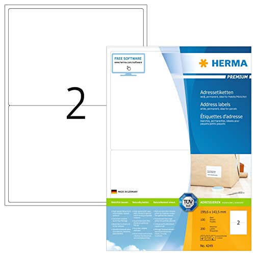 HERMA 4249 Versandetiketten, 100 Blatt, 199,6 x 143,5 mm, 2 pro A4 Bogen, 200 Stück, selbstklebend, bedruckbar, matt, blanko Papier Adressetiketten Aufkleber, weiß von HERMA