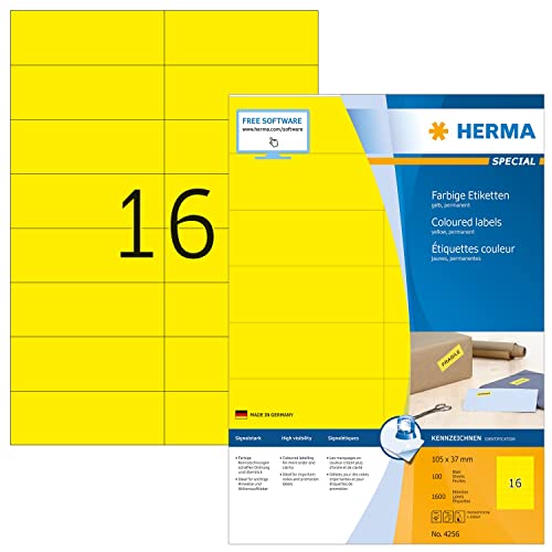 HERMA 4256 Farbige Etiketten gelb, 100 Blatt, 105 x 37 mm, 16 pro A4 Bogen, 1600 Stück, selbstklebend, bedruckbar, matt, blanko Papier Farbetiketten Aufkleber von HERMA