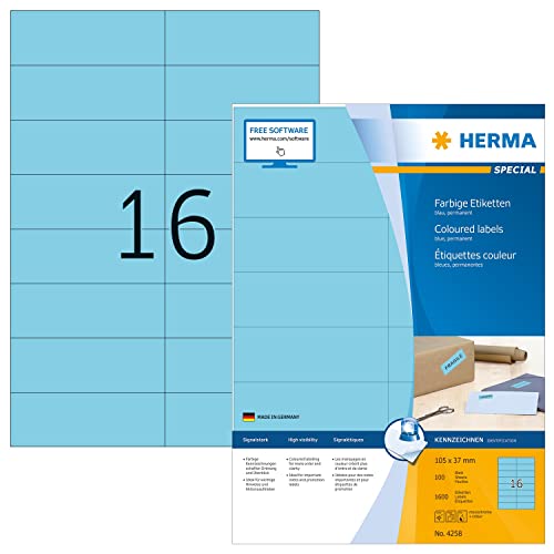 HERMA 4258 Farbige Etiketten blau, 100 Blatt, 105 x 37 mm, 16 pro A4 Bogen, 1600 Stück, selbstklebend, bedruckbar, matt, blanko Papier Farbetiketten Aufkleber von HERMA