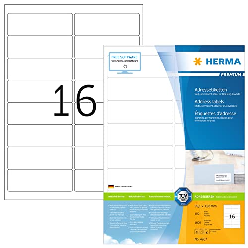 HERMA 4267 Adressetiketten, 100 Blatt, 99,1 x 33,8 mm, 16 pro A4 Bogen, 1600 Stück, selbstklebend, bedruckbar, matt, blanko Papier Adressaufkleber Etiketten, weiß von HERMA