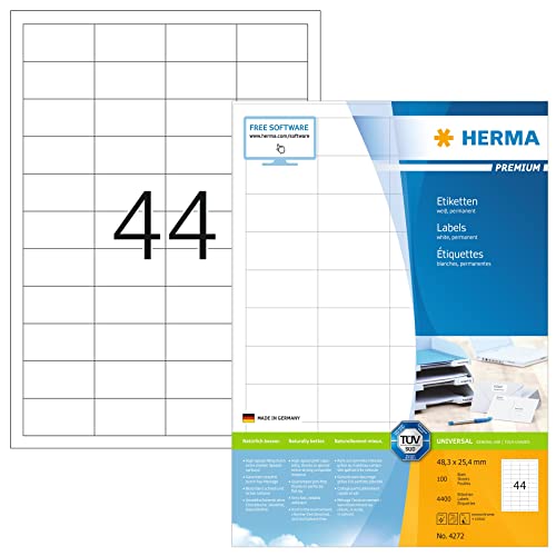HERMA 4272 Universal Etiketten, 100 Blatt, 48,3 x 25,4 mm, 44 pro A4 Bogen, 4400 Stück, selbstklebend, bedruckbar, matt, blanko Papier Klebeetiketten Aufkleber, weiß von HERMA
