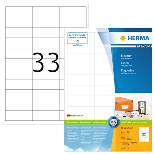 HERMA 4275 Universal Etiketten, 100 Blatt, 66 x 25,4 mm, 33 pro A4 Bogen, 3300 Stück, selbstklebend, bedruckbar, matt, blanko Papier Klebeetiketten Aufkleber, weiß von HERMA