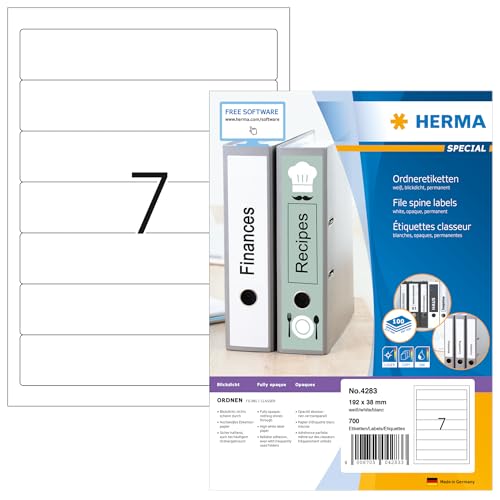 HERMA 4283 Ordnerrücken Etiketten kurz schmal, 100 Blatt, 192 x 38 mm, 7 pro A4 Bogen, 700 Stück, selbstklebend, bedruckbar, blickdicht, blanko Papier Ordneretiketten Rückenschilder Aufkleber, weiß HERMA 4283 Ordnerrücken Etiketten kurz schmal, 100 Blatt, 192 x 38 mm, 7 pro A4 Bogen, 700 Stück, selbstklebend, bedruckbar, blickdicht, blanko Papier Ordneretiketten Rückenschilder Aufkleber, weiß von HERMA