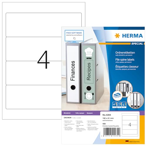 HERMA 4284 Ordnerrücken Etiketten kurz breit, 100 Blatt, 192 x 61 mm, 4 pro A4 Bogen, 400 Stück, selbstklebend, bedruckbar, blickdicht, blanko Papier Ordneretiketten Rückenschilder Aufkleber, weiß HERMA 4284 Ordnerrücken Etiketten kurz breit, 100 Blatt, 192 x 61 mm, 4 pro A4 Bogen, 400 Stück, selbstklebend, bedruckbar, blickdicht, blanko Papier Ordneretiketten Rückenschilder Aufkleber, weiß von HERMA