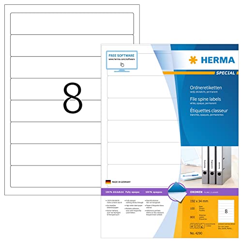 HERMA 4290 Ordnerrücken Etiketten kurz schmal, 100 Blatt, 192 x 34 mm, 8 pro A4 Bogen, 800 Stück, selbstklebend, bedruckbar, blickdicht, blanko Papier Ordneretiketten Rückenschilder Aufkleber, weiß von HERMA