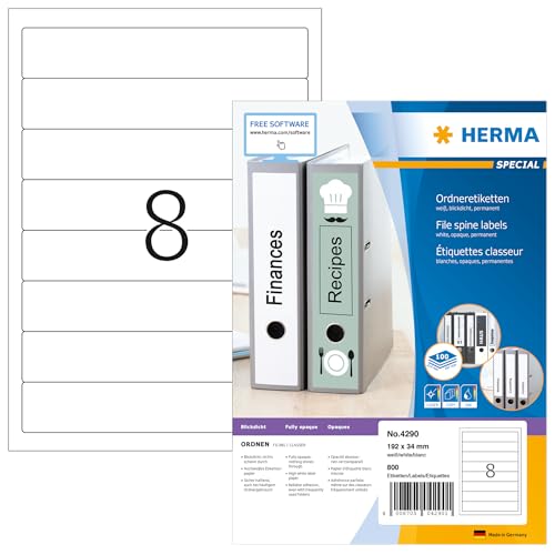 HERMA 4290 Ordnerrücken Etiketten kurz schmal, 1400 Blatt, 192 x 34 mm, 8 pro A4 Bogen, 11200 Stück, selbstklebend, bedruckbar, blickdicht, blanko Papier Ordneretiketten Rückenschilder Aufkleber, weiß HERMA 4290 Ordnerrücken Etiketten kurz schmal, 1400 Blatt, 192 x 34 mm, 8 pro A4 Bogen, 11200 Stück, selbstklebend, bedruckbar, blickdicht, blanko Papier Ordneretiketten Rückenschilder Aufkleber, weiß von HERMA