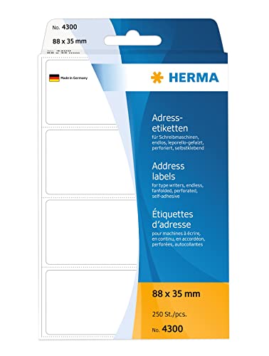 HERMA 4300 Adressetiketten für Schreibmaschinen, endlos, 88 x 35 mm, 250 Stück, selbstklebend, matt, leporello-gefalzt, blanko Papier Adressaufkleber Klebeetiketten Aufkleber, weiß HERMA 4300 Adressetiketten für Schreibmaschinen, endlos, 88 x 35 mm, 250 Stück, selbstklebend, matt, leporello-gefalzt, blanko Papier Adressaufkleber Klebeetiketten Aufkleber, weiß von HERMA