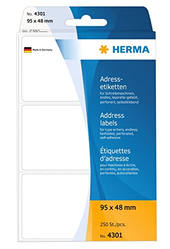HERMA 4301 Adressetiketten für Schreibmaschinen, endlos, 95 x 48 mm, 250 Stück, selbstklebend, matt, leporello-gefalzt, blanko Papier Adressaufkleber Klebeetiketten Aufkleber, weiß von HERMA