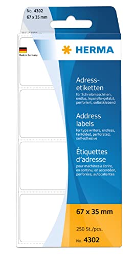 HERMA 4302 Adressetiketten für Schreibmaschinen, endlos, 67 x 35 mm, 250 Stück, selbstklebend, matt, leporello-gefalzt, blanko Papier Adressaufkleber Klebeetiketten Aufkleber, weiß HERMA 4302 Adressetiketten für Schreibmaschinen, endlos, 67 x 35 mm, 250 Stück, selbstklebend, matt, leporello-gefalzt, blanko Papier Adressaufkleber Klebeetiketten Aufkleber, weiß von HERMA
