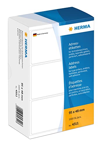 HERMA 4311 Adressetiketten für Schreibmaschinen, endlos, 95 x 48 mm, 1000 Stück, selbstklebend, matt, leporello-gefalzt, blanko Papier Adressaufkleber Klebeetiketten Aufkleber, weiß HERMA 4311 Adressetiketten für Schreibmaschinen, endlos, 95 x 48 mm, 1000 Stück, selbstklebend, matt, leporello-gefalzt, blanko Papier Adressaufkleber Klebeetiketten Aufkleber, weiß von HERMA