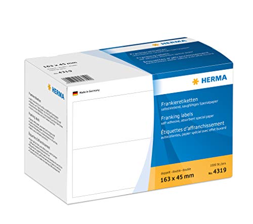 HERMA 4319 Frankieretiketten für Frankiermaschinen, doppelt, 163 x 45 mm, 1000 Stück, selbstklebend, matt, 2fach Papier Frankier-Etiketten Klebeetiketten Aufkleber, weiß HERMA 4319 Frankieretiketten für Frankiermaschinen, doppelt, 163 x 45 mm, 1000 Stück, selbstklebend, matt, 2fach Papier Frankier-Etiketten Klebeetiketten Aufkleber, weiß von HERMA