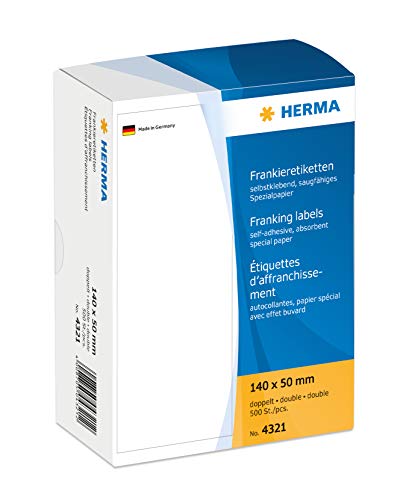 HERMA 4321 Frankieretiketten für Frankiermaschinen, doppelt, 140 x 50 mm, 500 Stück, selbstklebend, matt, 2fach Papier Frankier-Etiketten Klebeetiketten Aufkleber, weiß HERMA 4321 Frankieretiketten für Frankiermaschinen, doppelt, 140 x 50 mm, 500 Stück, selbstklebend, matt, 2fach Papier Frankier-Etiketten Klebeetiketten Aufkleber, weiß von HERMA