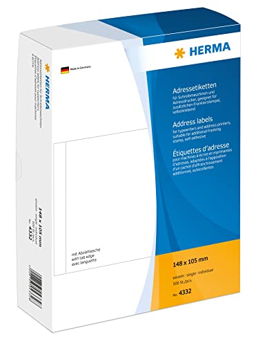 HERMA 4332 Adressetiketten für Schreibmaschinen, 148 x 105 mm, 500 Stück, selbstklebend, matt, einzeln, blanko Papier Adressaufkleber Klebeetiketten Aufkleber, weiß HERMA 4332 Adressetiketten für Schreibmaschinen, 148 x 105 mm, 500 Stück, selbstklebend, matt, einzeln, blanko Papier Adressaufkleber Klebeetiketten Aufkleber, weiß von HERMA