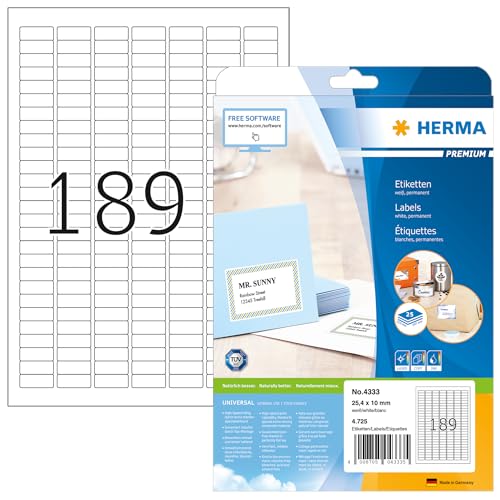 HERMA 4333 Universal Etiketten, 25 Blatt, 25,4 x 10 mm, 189 pro A4 Bogen, 4725 Stück, selbstklebend, bedruckbar, matt, blanko Papier Klebeetiketten Aufkleber, weiß HERMA 4333 Universal Etiketten, 25 Blatt, 25,4 x 10 mm, 189 pro A4 Bogen, 4725 Stück, selbstklebend, bedruckbar, matt, blanko Papier Klebeetiketten Aufkleber, weiß von HERMA