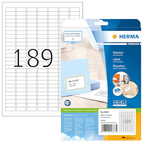 HERMA 4333 Universal Etiketten, 25 Blatt, 25,4 x 10 mm, 189 pro A4 Bogen, 4725 Stück, selbstklebend, bedruckbar, matt, blanko Papier Klebeetiketten Aufkleber, weiß von HERMA