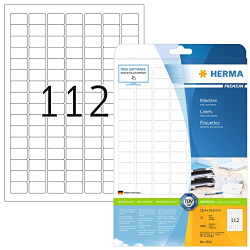 HERMA 4334 Universal Etiketten, 800 Blatt, 25,4 x 16,9 mm, 112 pro A4 Bogen, 89600 Stück, selbstklebend, bedruckbar, matt, blanko Papier Klebeetiketten Aufkleber, weiß von HERMA