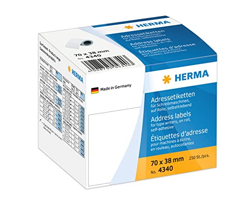 HERMA 4340 Adressetiketten für Schreibmaschinen auf Rolle, 70 x 38 mm, 250 Stück, selbstklebend, matt, blanko Papier Adressaufkleber Klebeetiketten Aufkleber, weiß HERMA 4340 Adressetiketten für Schreibmaschinen auf Rolle, 70 x 38 mm, 250 Stück, selbstklebend, matt, blanko Papier Adressaufkleber Klebeetiketten Aufkleber, weiß von HERMA