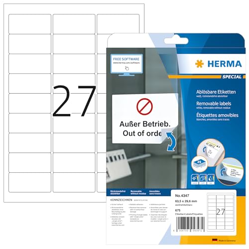 HERMA 4347 Universal Etiketten ablösbar, 800 Blatt, 63,5 x 29,6 mm, 27 pro A4 Bogen, 21600 Stück, selbstklebend, bedruckbar, matt, blanko Papier Klebeetiketten Aufkleber, weiß HERMA 4347 Universal Etiketten ablösbar, 800 Blatt, 63,5 x 29,6 mm, 27 pro A4 Bogen, 21600 Stück, selbstklebend, bedruckbar, matt, blanko Papier Klebeetiketten Aufkleber, weiß von HERMA