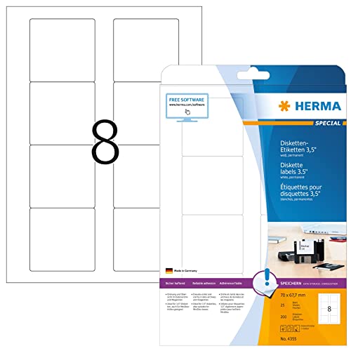 HERMA 4355 Disketten Etiketten 3,5 Zoll, 800 Blatt, 70 x 67,7 mm, 8 pro A4 Bogen, 6400 Stück, selbstklebend, bedruckbar, matt, blanko Papier ZIP-Disk Klebeetiketten Aufkleber, weiß von HERMA