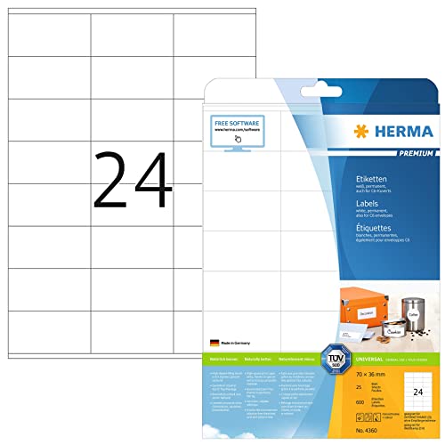 HERMA 4360 Adressetiketten, 25 Blatt, 70 x 36 mm, 24 pro A4 Bogen, 600 Stück, selbstklebend, bedruckbar, matt, blanko Papier Adressaufkleber Etiketten, weiß von HERMA