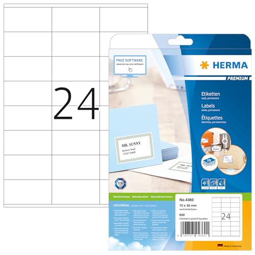 HERMA 4360 Adressetiketten, 800 Blatt, 70 x 36 mm, 24 pro A4 Bogen, 19200 Stück, selbstklebend, bedruckbar, matt, blanko Papier Adressaufkleber Etiketten, weiß von HERMA