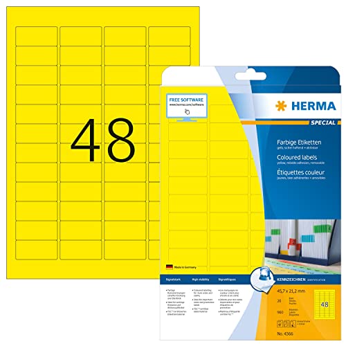 HERMA 4366 Farbige Etiketten gelb ablösbar, 640 Blatt, 45,7 x 21,2 mm, 48 pro A4 Bogen, 30720 Stück, selbstklebend, bedruckbar, matt, blanko Papier Farbetiketten Aufkleber von HERMA
