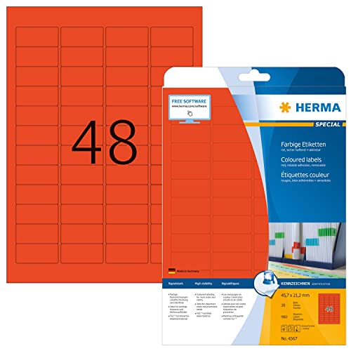 HERMA 4367 Farbige Etiketten rot ablösbar, 20 Blatt, 45,7 x 21,2 mm, 48 pro A4 Bogen, 960 Stück, selbstklebend, bedruckbar, matt, blanko Papier Farbetiketten Aufkleber von HERMA
