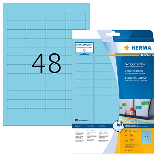HERMA 4368 Farbige Etiketten blau ablösbar, 640 Blatt, 45,7 x 21,2 mm, 48 pro A4 Bogen, 30720 Stück, selbstklebend, bedruckbar, matt, blanko Papier Farbetiketten Aufkleber von HERMA