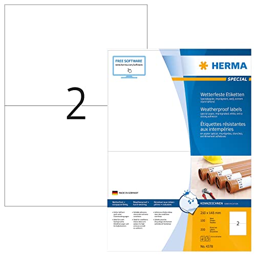 HERMA 4378 Wetterfeste Etiketten imprägniert, 100 Blatt, 210 x 148 mm, 2 pro A4 Bogen, 200 Stück, selbstklebend, bedruckbar, matt, blanko Outdoor Klebeetiketten Aufkleber aus Spezialpapier, weiß von HERMA