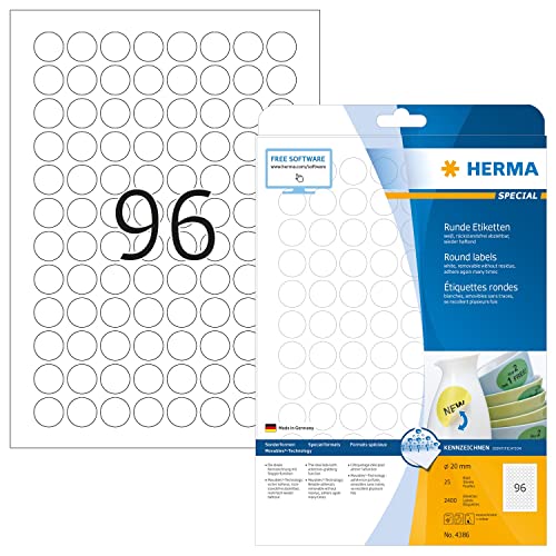 HERMA 4386 Universal Etiketten ablösbar rund, 25 Blatt, Ø 20 mm, 96 pro A4 Bogen, 2400 Stück, selbstklebend, bedruckbar, matt, blanko Papier Klebeetiketten Aufkleber, weiß von HERMA