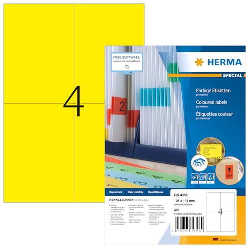 HERMA 4396 Farbige Etiketten gelb, 100 Blatt, 105 x 148 mm, 4 pro A4 Bogen, 400 Stück, selbstklebend, bedruckbar, matt, blanko Papier Farbetiketten Aufkleber von HERMA