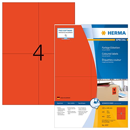 HERMA 4397 Farbige Etiketten rot, 100 Blatt, 105 x 148 mm, 4 pro A4 Bogen, 400 Stück, selbstklebend, bedruckbar, matt, blanko Papier Farbetiketten Aufkleber von HERMA