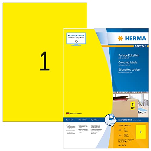 HERMA 4401 Farbige Etiketten gelb, 100 Blatt, 210 x 297 mm, 1 pro A4 Bogen, 100 Stück, selbstklebend, bedruckbar, matt, blanko Papier Farbetiketten Aufkleber von HERMA