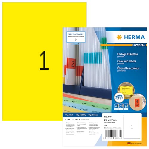 HERMA 4401 Farbige Etiketten gelb, 100 Blatt, 210 x 297 mm, 1 pro A4 Bogen, 100 Stück, selbstklebend, bedruckbar, matt, blanko Papier Farbetiketten Aufkleber von HERMA